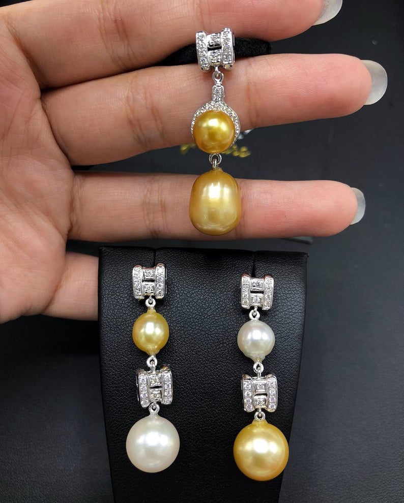 STUNNING Golden South Sea Pearl VS Diamond 18K solid white gold art deco long necklace pendant unique vintage natural dangling culture