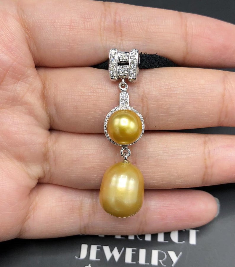 STUNNING Golden South Sea Pearl VS Diamond 18K solid white gold art deco long necklace pendant unique vintage natural dangling culture