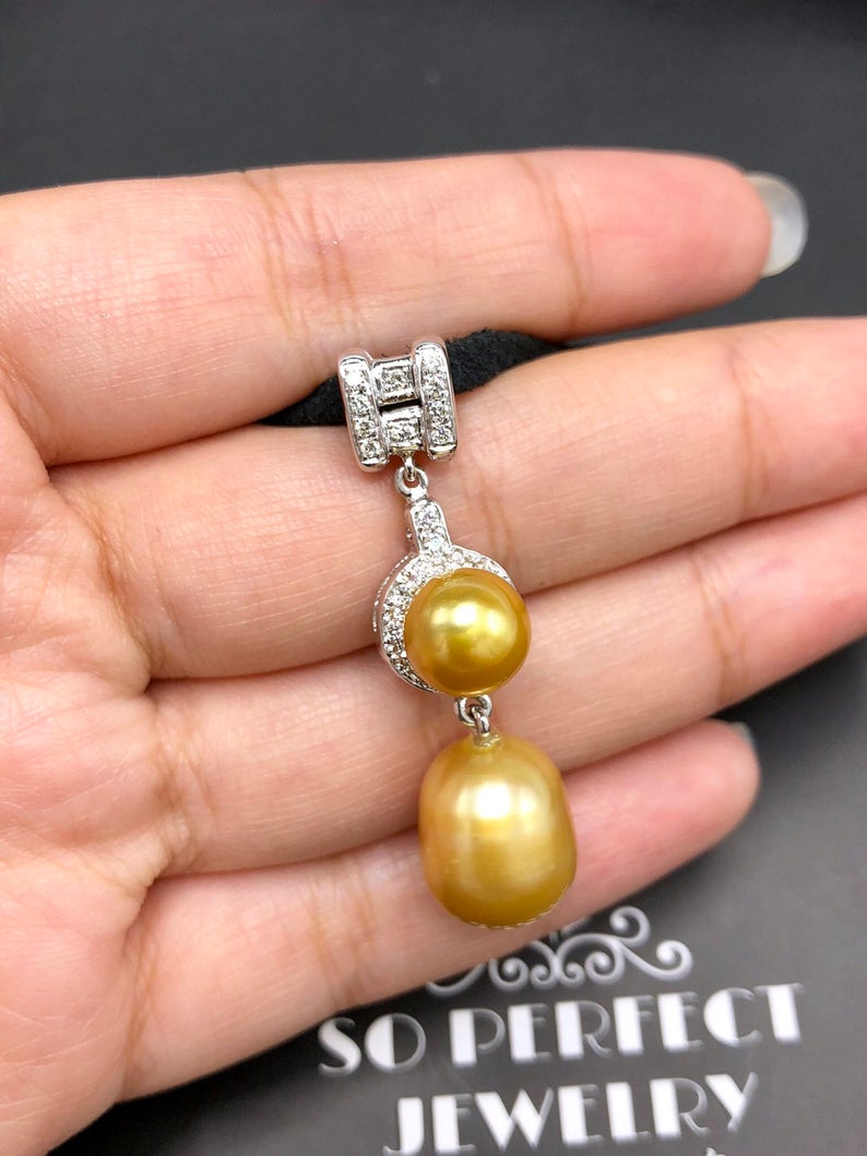 STUNNING Golden South Sea Pearl VS Diamond 18K solid white gold art deco long necklace pendant unique vintage natural dangling culture