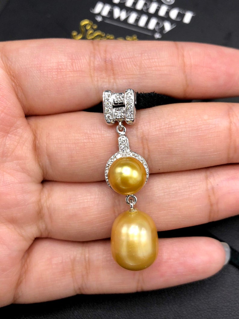 STUNNING Golden South Sea Pearl VS Diamond 18K solid white gold art deco long necklace pendant unique vintage natural dangling culture