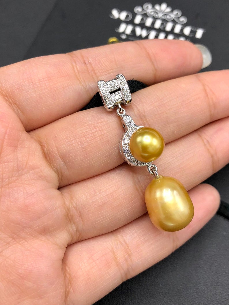 STUNNING Golden South Sea Pearl VS Diamond 18K solid white gold art deco long necklace pendant unique vintage natural dangling culture