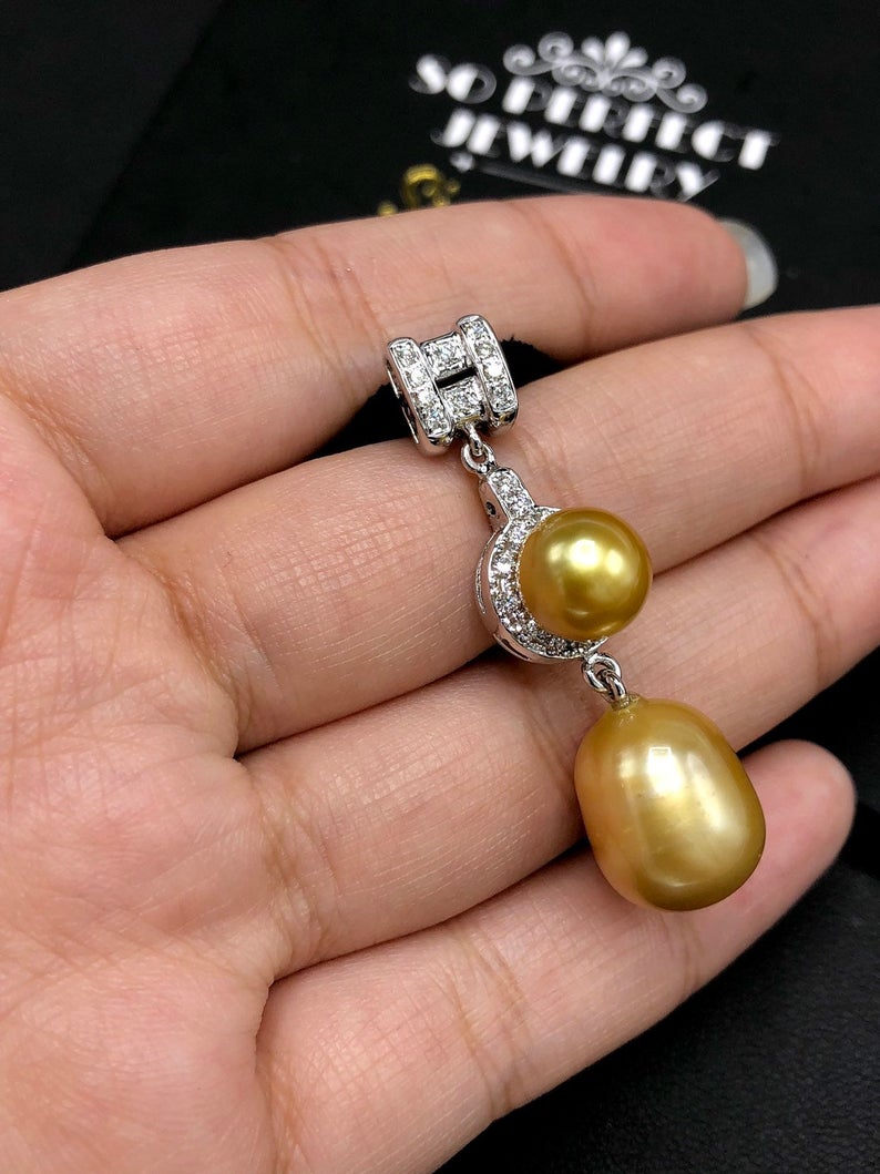 STUNNING Golden South Sea Pearl VS Diamond 18K solid white gold art deco long necklace pendant unique vintage natural dangling culture