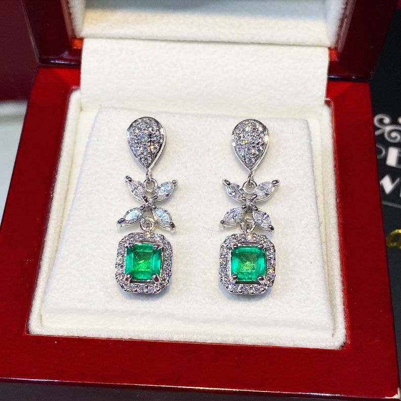 Colombian 2.38TCW Emeralds & Diamond in 18K solid white gold handmade earrings dangle drop vintage chandelier unique gift natural zambian