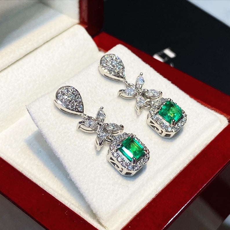 Colombian 2.38TCW Emeralds & Diamond in 18K solid white gold handmade earrings dangle drop vintage chandelier unique gift natural zambian