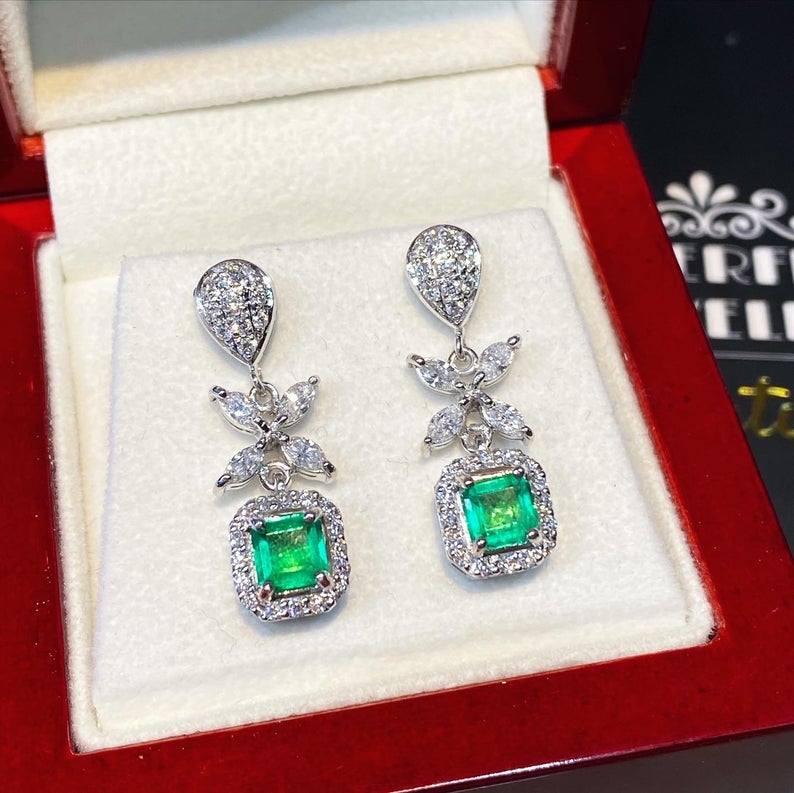 Colombian 2.38TCW Emeralds & Diamond in 18K solid white gold handmade earrings dangle drop vintage chandelier unique gift natural zambian