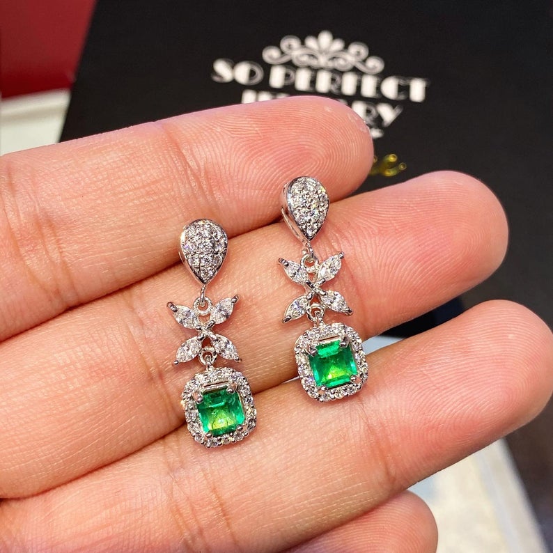 Colombian 2.38TCW Emeralds & Diamond in 18K solid white gold handmade earrings dangle drop vintage chandelier unique gift natural zambian