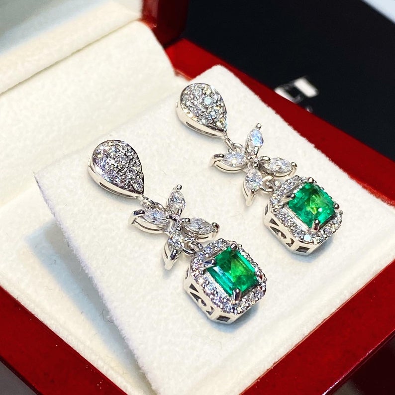 Colombian 2.38TCW Emeralds & Diamond in 18K solid white gold handmade earrings dangle drop vintage chandelier unique gift natural zambian