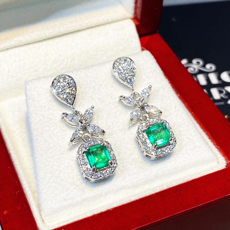 Colombian 2.38TCW Emeralds & Diamond in 18K solid white gold handmade earrings dangle drop vintage chandelier unique gift natural zambian