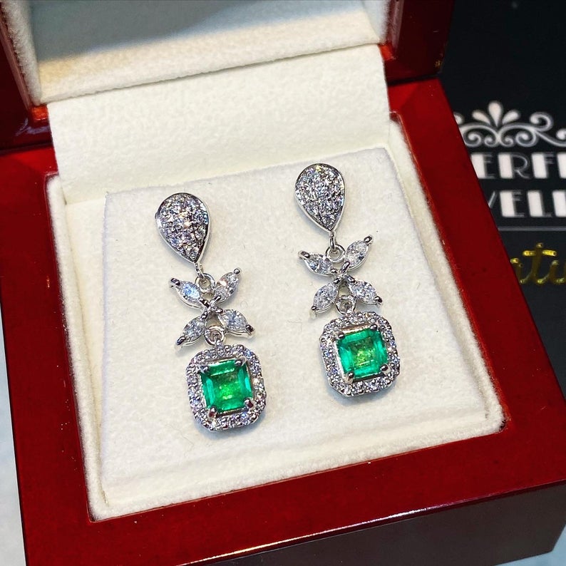 Colombian 2.38TCW Emeralds & Diamond in 18K solid white gold handmade earrings dangle drop vintage chandelier unique gift natural zambian