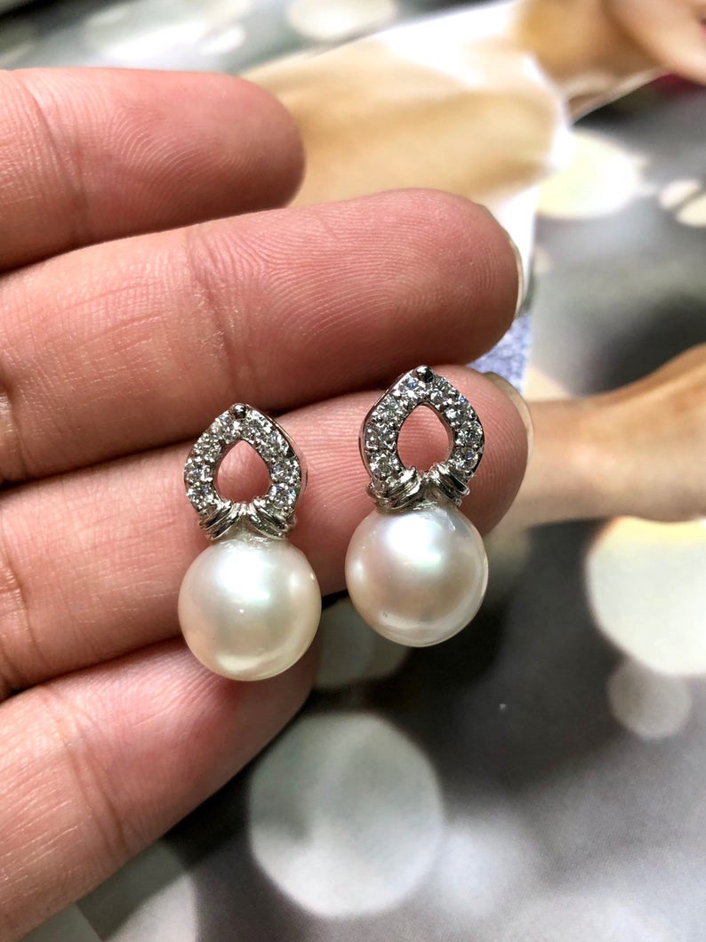 11mm Authentic White South Sea Pearls & Diamonds In 18K Solid White Gold Earrings handmade custom-made dangle drop party cocktail wedding