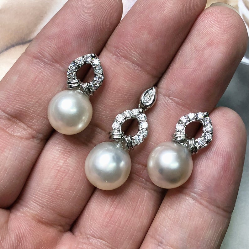 11mm Authentic White South Sea Pearls & Diamonds In 18K Solid White Gold Earrings handmade custom-made dangle drop party cocktail wedding