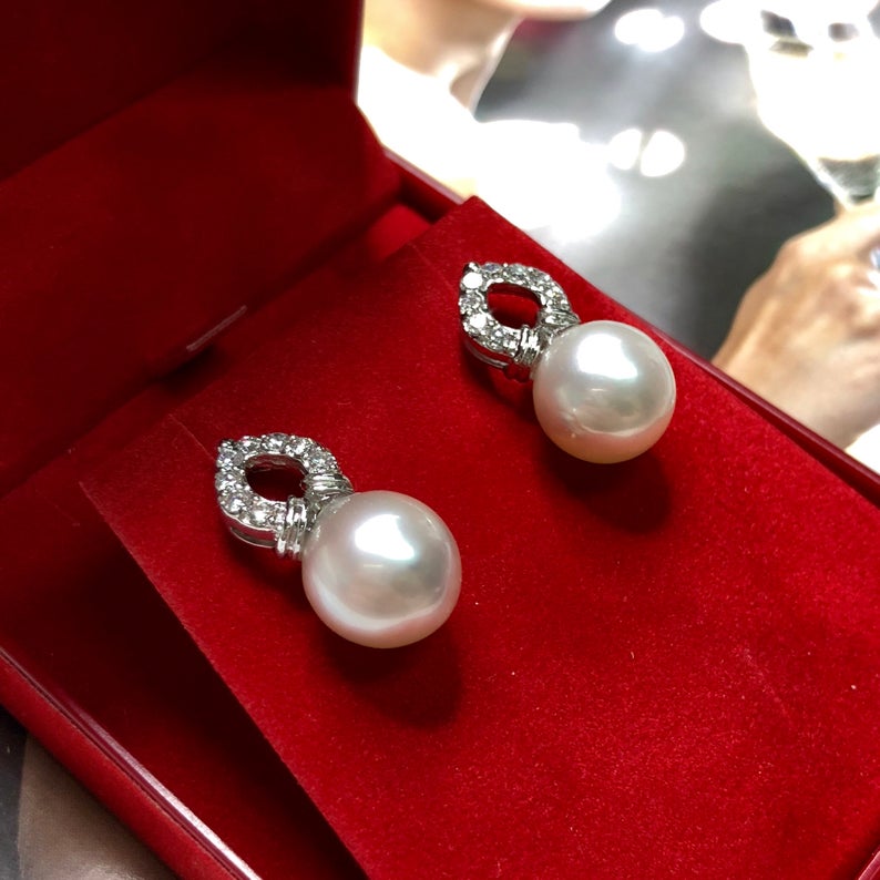 11mm Authentic White South Sea Pearls & Diamonds In 18K Solid White Gold Earrings handmade custom-made dangle drop party cocktail wedding