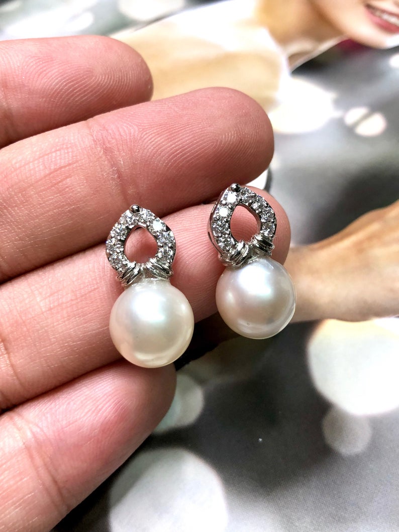 11mm Authentic White South Sea Pearls & Diamonds In 18K Solid White Gold Earrings handmade custom-made dangle drop party cocktail wedding