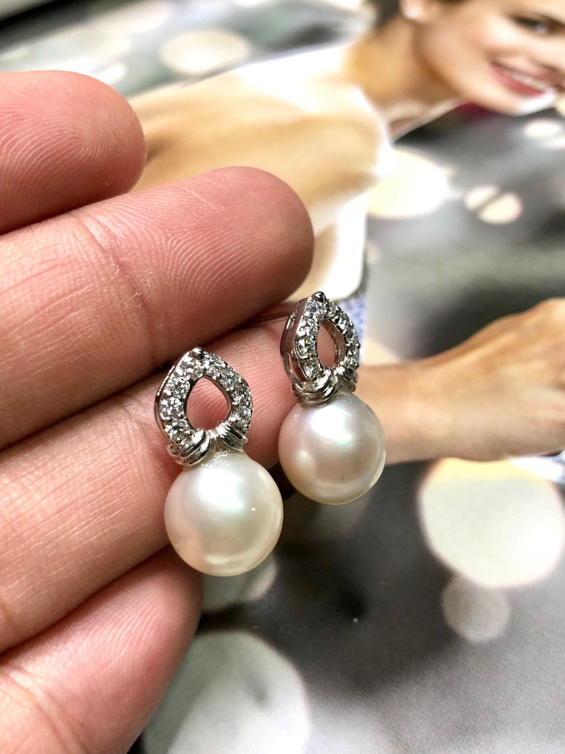 11mm Authentic White South Sea Pearls & Diamonds In 18K Solid White Gold Earrings handmade custom-made dangle drop party cocktail wedding