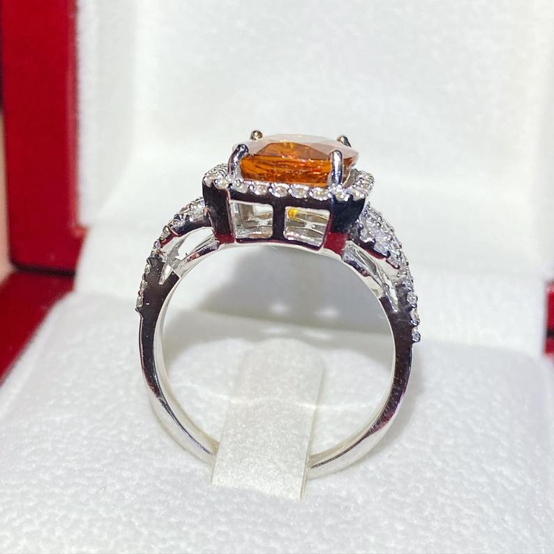 VIVID! 5.42TCW Orange Sapphire & Diamonds in 18K solid white gold handmade ring ceylon thai certified engagement modern natural yellow