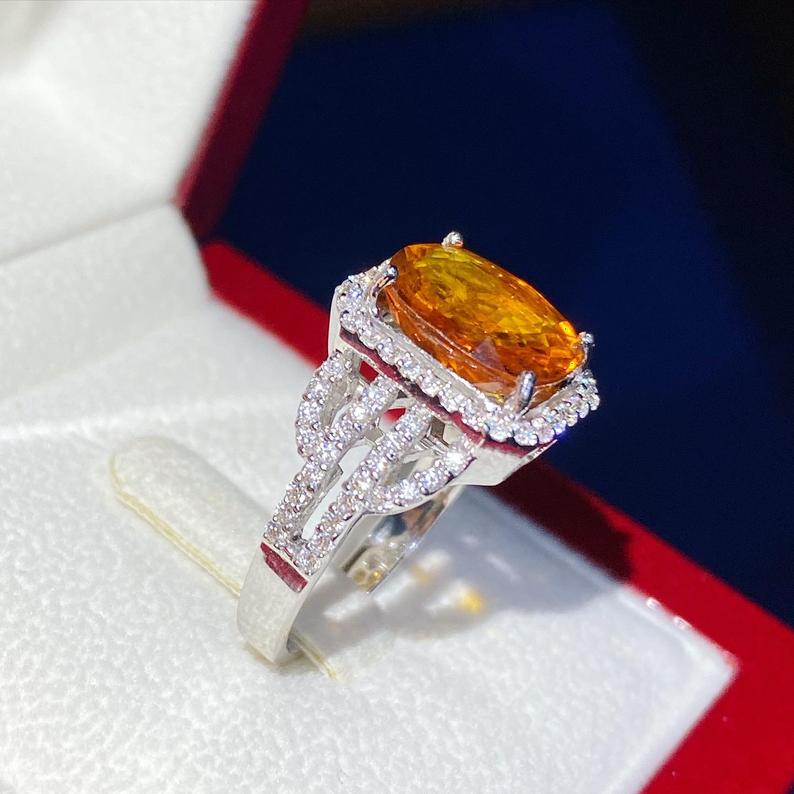 VIVID! 5.42TCW Orange Sapphire & Diamonds in 18K solid white gold handmade ring ceylon thai certified engagement modern natural yellow