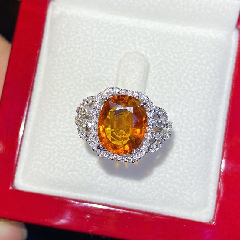 VIVID! 5.42TCW Orange Sapphire & Diamonds in 18K solid white gold handmade ring ceylon thai certified engagement modern natural yellow