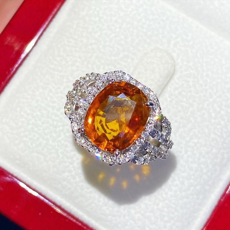 VIVID! 5.42TCW Orange Sapphire & Diamonds in 18K solid white gold handmade ring ceylon thai certified engagement modern natural yellow