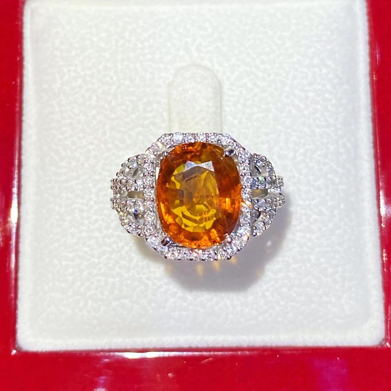 VIVID! 5.42TCW Orange Sapphire & Diamonds in 18K solid white gold handmade ring ceylon thai certified engagement modern natural yellow