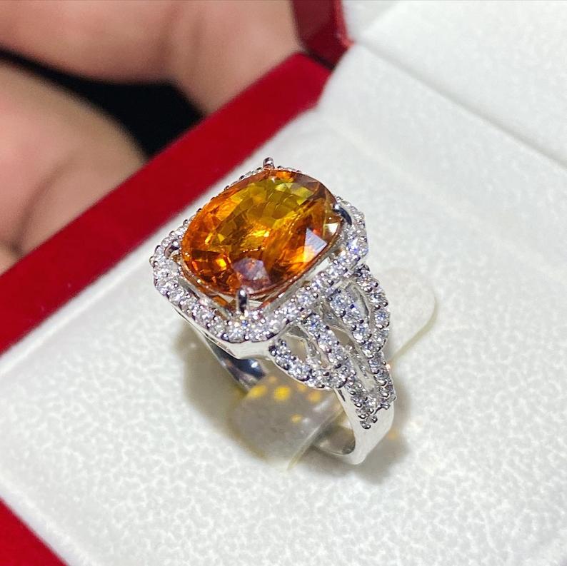 VIVID! 5.42TCW Orange Sapphire & Diamonds in 18K solid white gold handmade ring ceylon thai certified engagement modern natural yellow