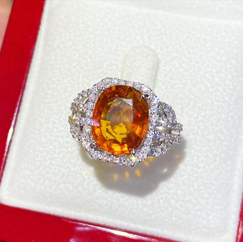 VIVID! 5.42TCW Orange Sapphire & Diamonds in 18K solid white gold handmade ring ceylon thai certified engagement modern natural yellow