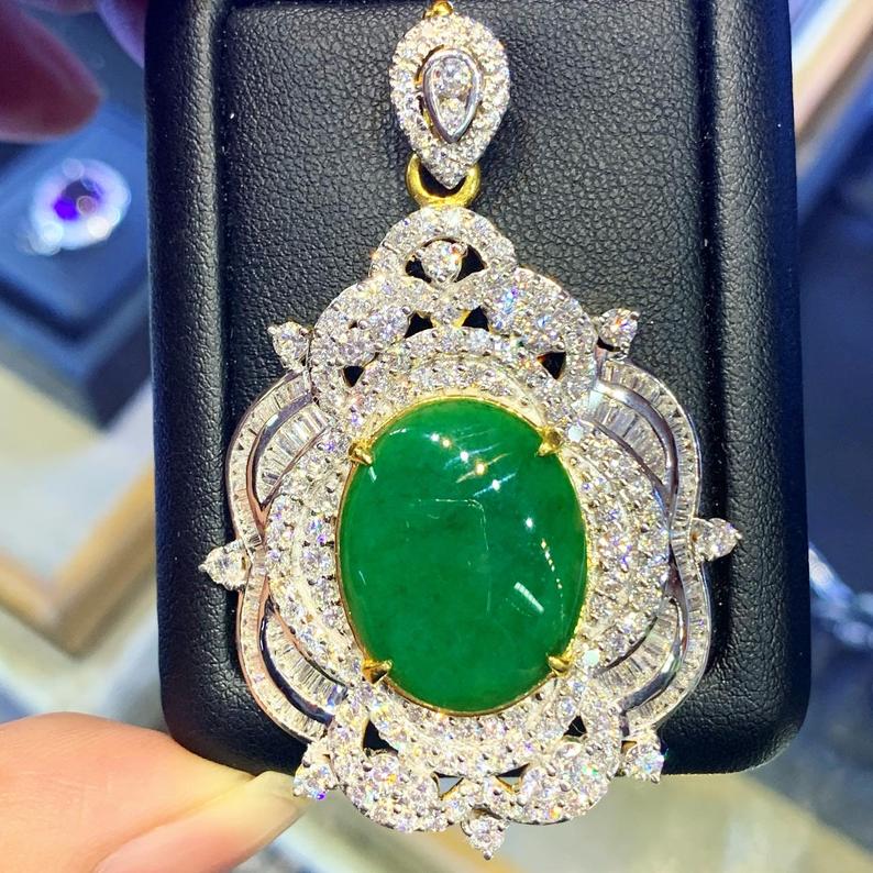 ENORMOUS 16.98TCW Burmese Jade VVS Diamonds 18k solid yellow gold pendant necklace jadeite big chain burma natural traditional chinese china