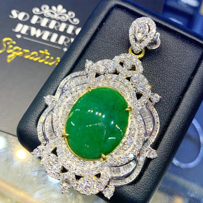 ENORMOUS 16.98TCW Burmese Jade VVS Diamonds 18k solid yellow gold pendant necklace jadeite big chain burma natural traditional chinese china