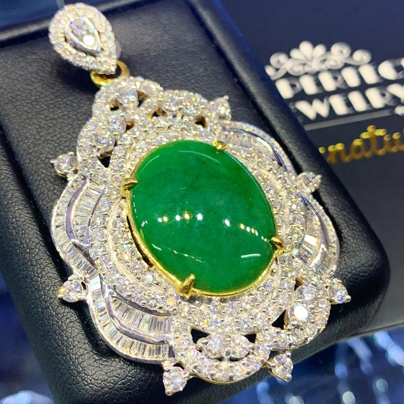 ENORMOUS 16.98TCW Burmese Jade VVS Diamonds 18k solid yellow gold pendant necklace jadeite big chain burma natural traditional chinese china