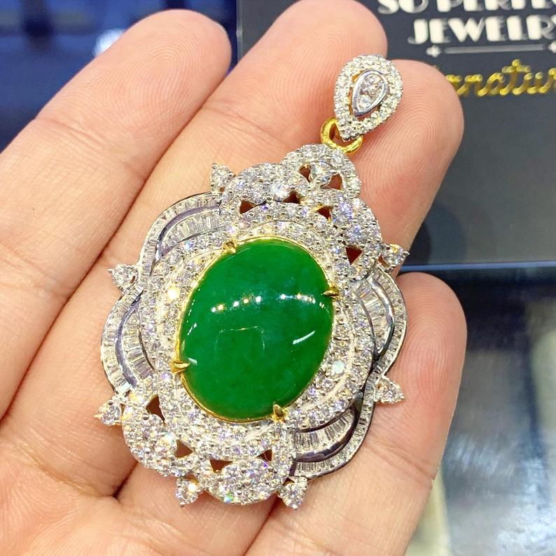 ENORMOUS 16.98TCW Burmese Jade VVS Diamonds 18k solid yellow gold pendant necklace jadeite big chain burma natural traditional chinese china