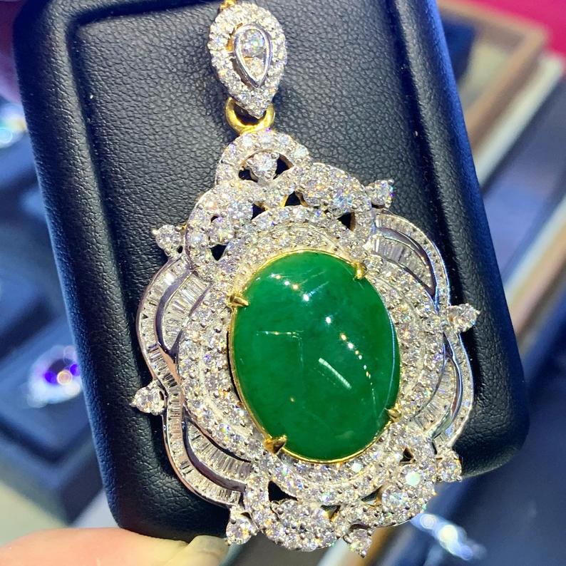 ENORMOUS 16.98TCW Burmese Jade VVS Diamonds 18k solid yellow gold pendant necklace jadeite big chain burma natural traditional chinese china