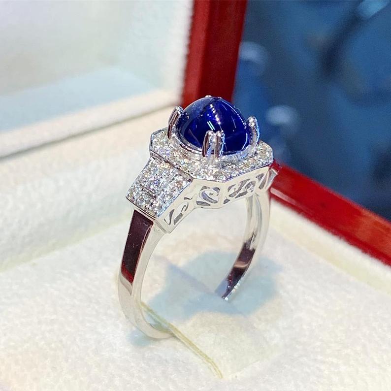 CEYLON 2.37TCW Blue Sapphire Diamonds in 18K solid handmade white gold ring cabochon engagement vintage clean wedding gift september