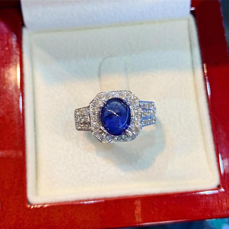 CEYLON 2.37TCW Blue Sapphire Diamonds in 18K solid handmade white gold ring cabochon engagement vintage clean wedding gift september