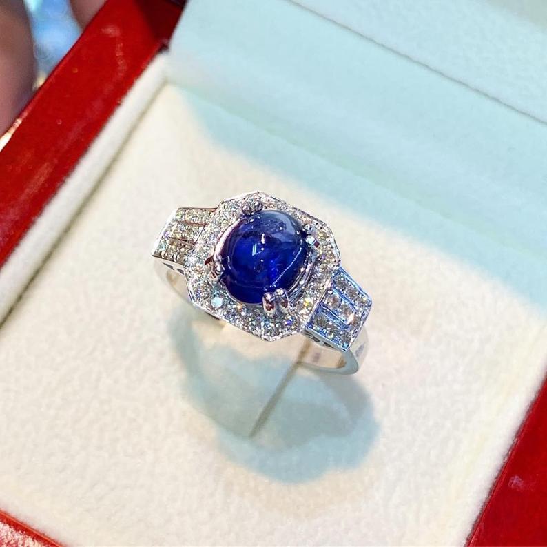 CEYLON 2.37TCW Blue Sapphire Diamonds in 18K solid handmade white gold ring cabochon engagement vintage clean wedding gift september