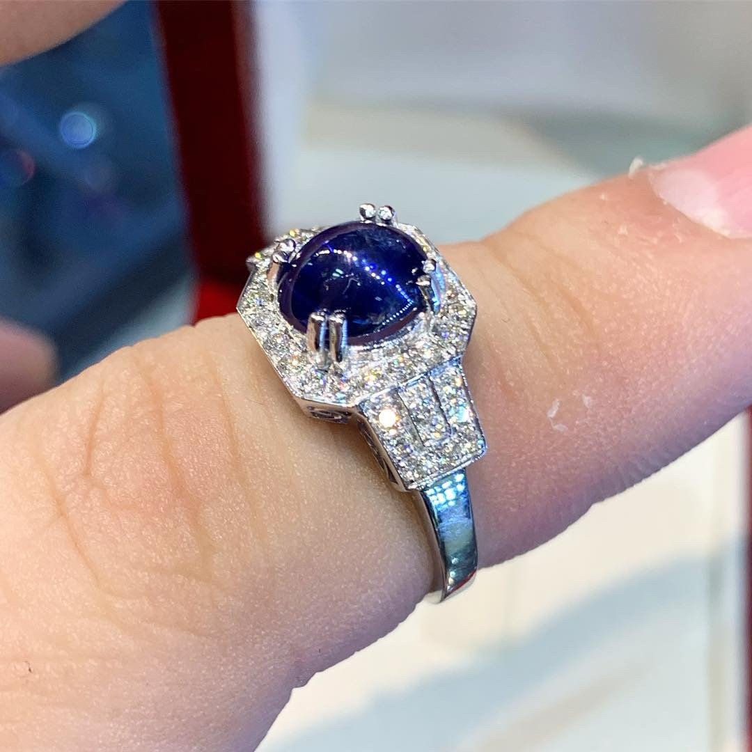 CEYLON 2.37TCW Blue Sapphire Diamonds in 18K solid handmade white gold ring cabochon engagement vintage clean wedding gift september