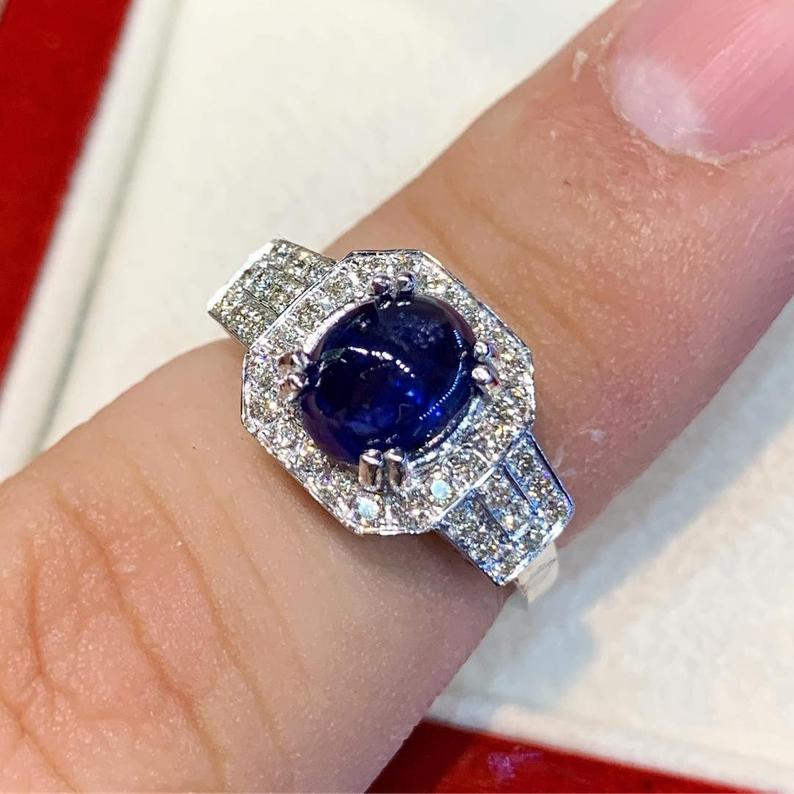 CEYLON 2.37TCW Blue Sapphire Diamonds in 18K solid handmade white gold ring cabochon engagement vintage clean wedding gift september