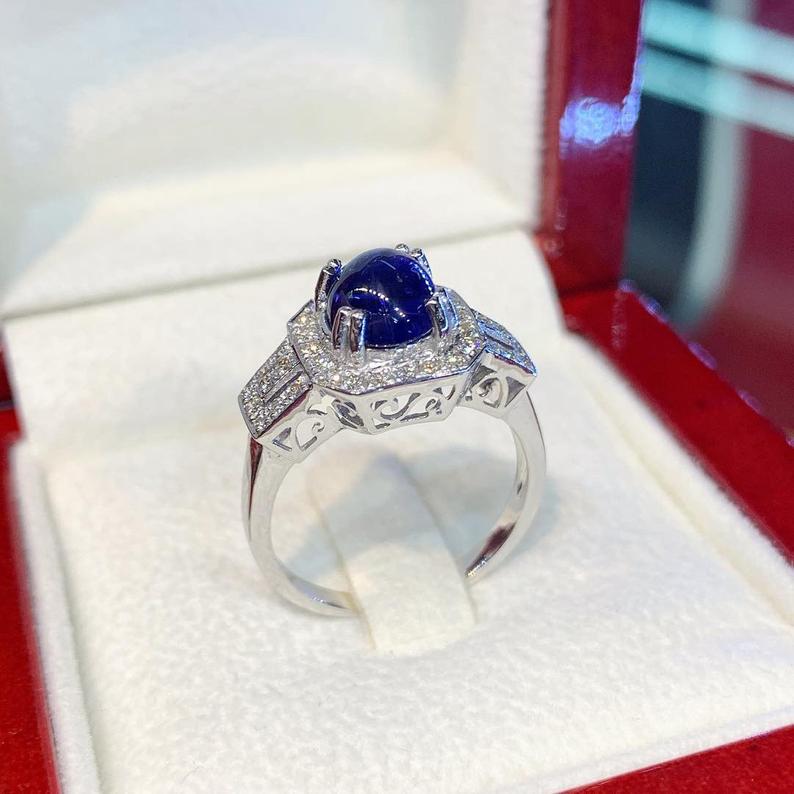 CEYLON 2.37TCW Blue Sapphire Diamonds in 18K solid handmade white gold ring cabochon engagement vintage clean wedding gift september