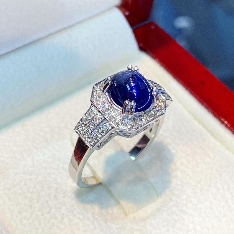 CEYLON 2.37TCW Blue Sapphire Diamonds in 18K solid handmade white gold ring cabochon engagement vintage clean wedding gift september