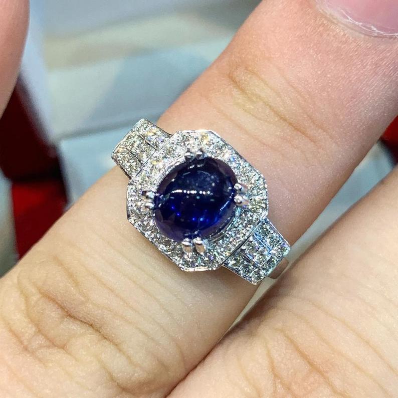 CEYLON 2.37TCW Blue Sapphire Diamonds in 18K solid handmade white gold ring cabochon engagement vintage clean wedding gift september