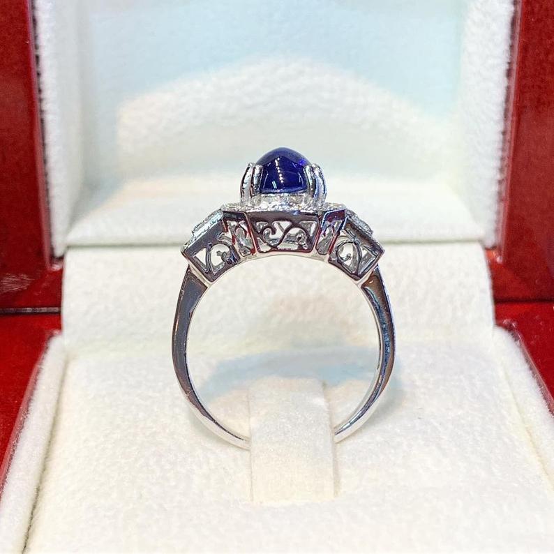 CEYLON 2.37TCW Blue Sapphire Diamonds in 18K solid handmade white gold ring cabochon engagement vintage clean wedding gift september