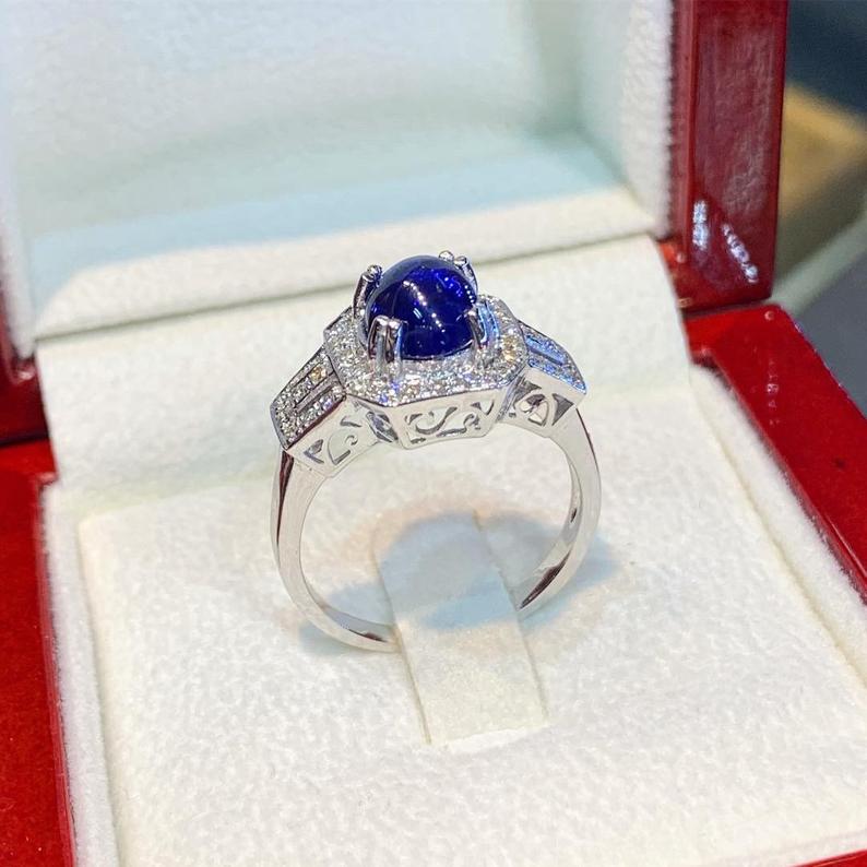 CEYLON 2.37TCW Blue Sapphire Diamonds in 18K solid handmade white gold ring cabochon engagement vintage clean wedding gift september