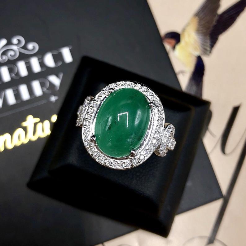 HUGE 7.81TCW Emerald VS Diamonds 18K solid white gold ring engagement handmade cocktail zambian colombian cabochon wedding natural authentic