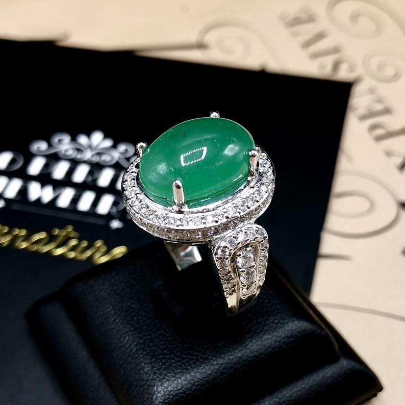 HUGE 7.81TCW Emerald VS Diamonds 18K solid white gold ring engagement handmade cocktail zambian colombian cabochon wedding natural authentic