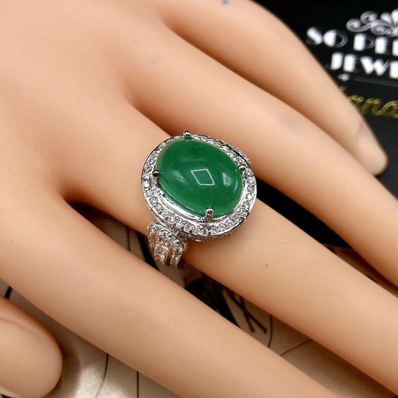 HUGE 7.81TCW Emerald VS Diamonds 18K solid white gold ring engagement handmade cocktail zambian colombian cabochon wedding natural authentic