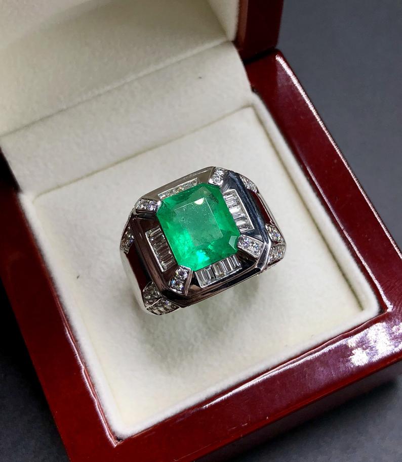 COLOMBIAN! 5.28TCW Natural Emerald & Diamonds in handmade 18K Solid White gold ring estate certified zambian colombian gentleman unisex man