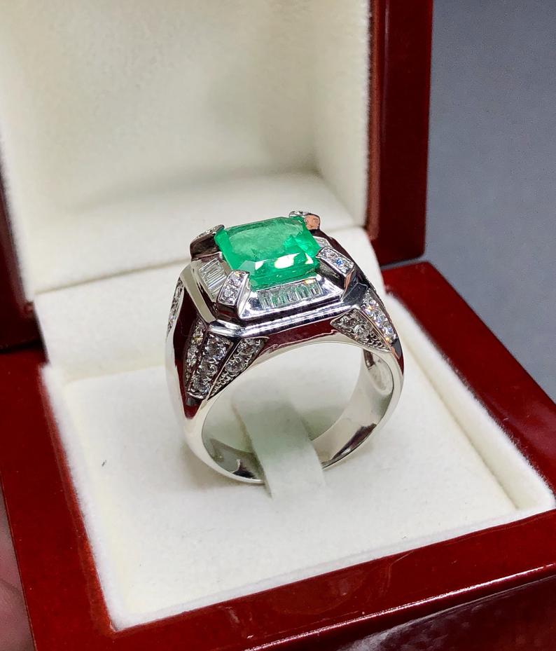 COLOMBIAN! 5.28TCW Natural Emerald & Diamonds in handmade 18K Solid White gold ring estate certified zambian colombian gentleman unisex man