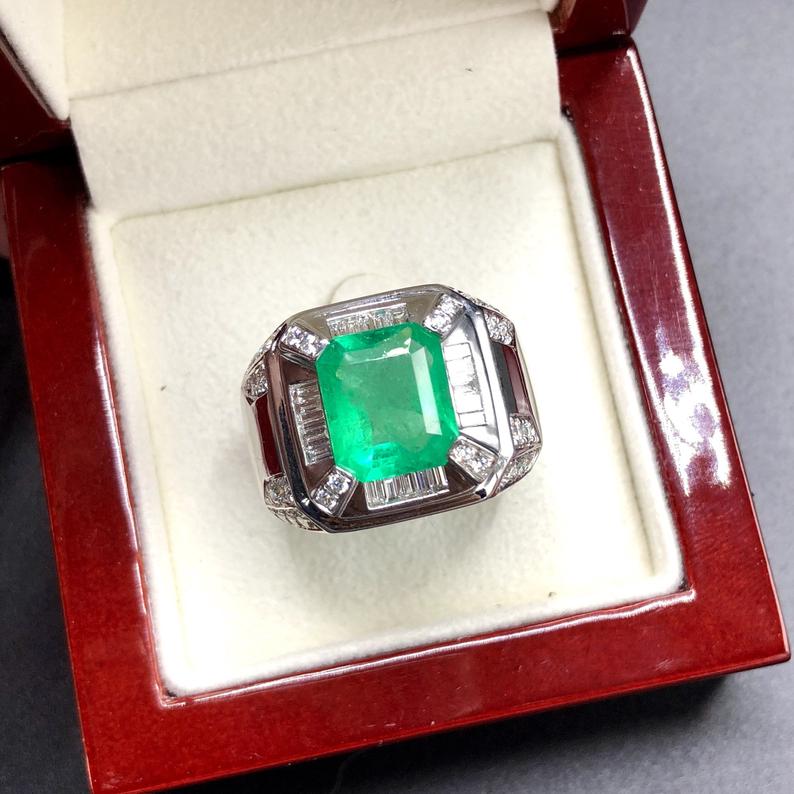 COLOMBIAN! 5.28TCW Natural Emerald & Diamonds in handmade 18K Solid White gold ring estate certified zambian colombian gentleman unisex man