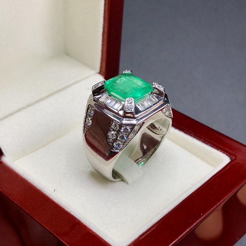 COLOMBIAN! 5.28TCW Natural Emerald & Diamonds in handmade 18K Solid White gold ring estate certified zambian colombian gentleman unisex man