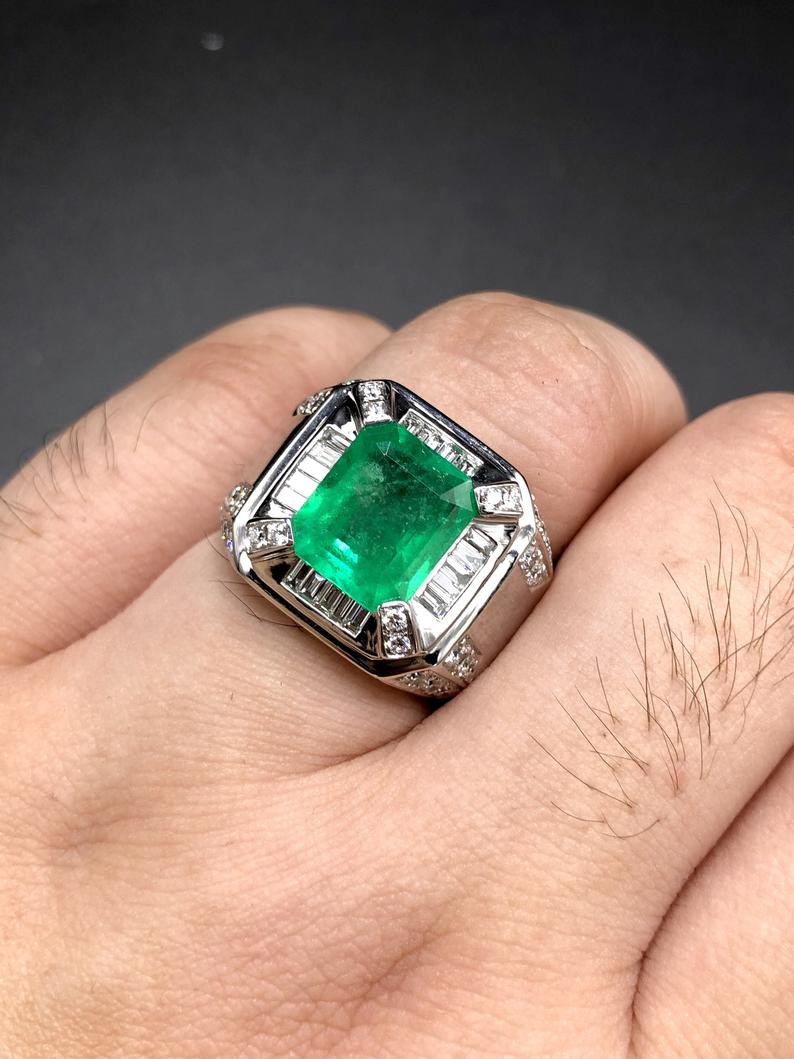 COLOMBIAN! 5.28TCW Natural Emerald & Diamonds in handmade 18K Solid White gold ring estate certified zambian colombian gentleman unisex man