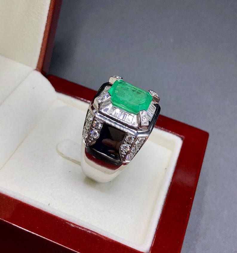 COLOMBIAN! 5.28TCW Natural Emerald & Diamonds in handmade 18K Solid White gold ring estate certified zambian colombian gentleman unisex man