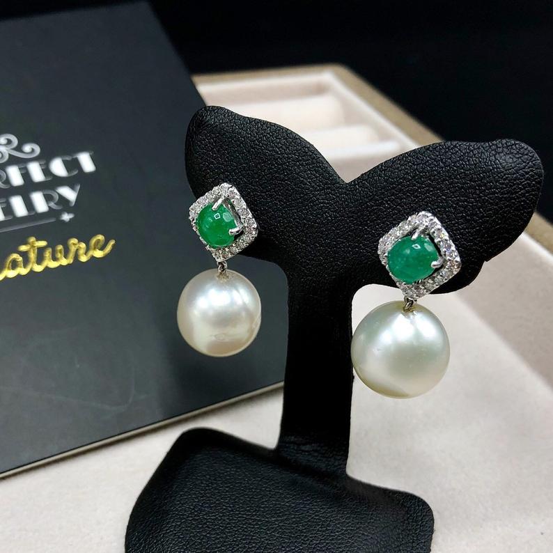 COLOMBIAN Emerald South Sea 13mm Pearls & Diamonds 18K Solid white Gold Earrings handmade white wedding estate vintage dangling drop natural